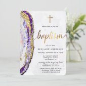 Invitation Baptême d'aquarelle de pierre minérale dorée et bl (Debout devant)