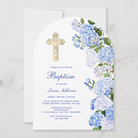 Invitation Baptême d'arc bleu Hydrangea (Devant)
