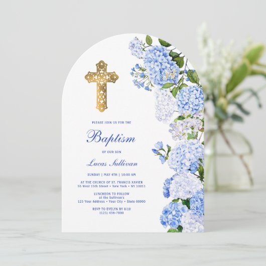 Invitation Baptême d'arc bleu Hydrangea (Debout devant)