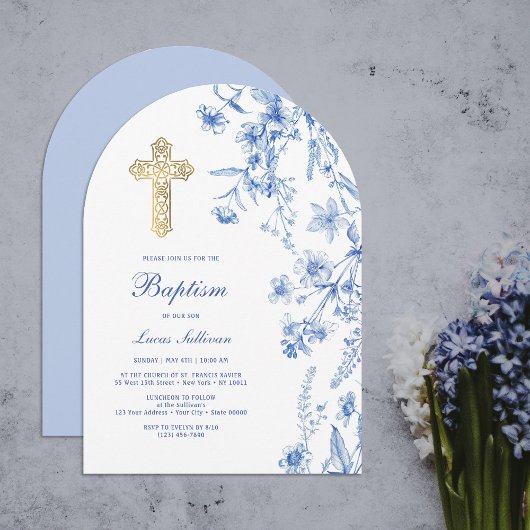 Invitation Baptême d'arc Fleur sauvage bleu français