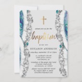 Invitation Baptême d'argent et de pierre minérale bleue (Devant)