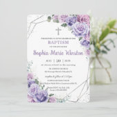 Invitation Baptême d'argent floral violet Lilac (Debout devant)