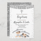 Invitation Baptême d'argent jumeau garçon et fille (Devant / Derrière)