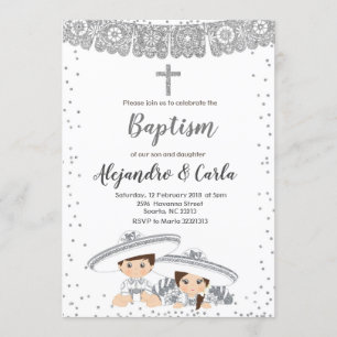 Invitation Baptême d'argent jumeau garçon et fille