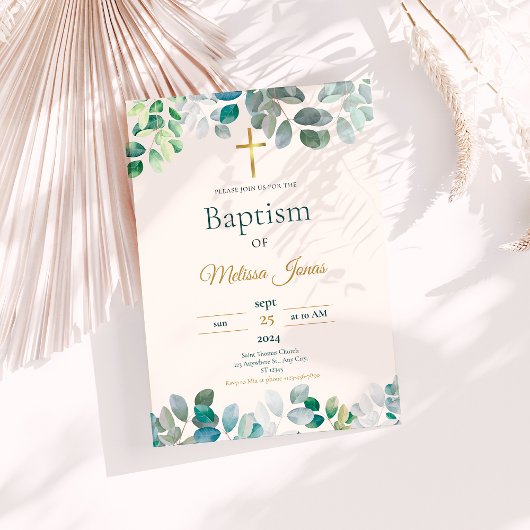 Invitation Baptême de baptême de l'or vert Floral Rustique
