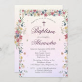Invitation Baptême de baptême rose Fleurs florales Filles (Devant / Derrière)