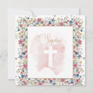 Invitation Baptême de baptême rose Floral Croix religieuse