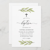 Invitation Baptême de bébé à feuilles vertes (Devant / Derrière)