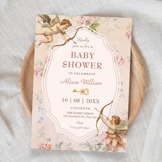 Invitation Baptême de bébé anges romantiques classiques vinta