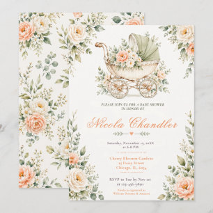Invitation Baptême de bébé au berceau fleuri