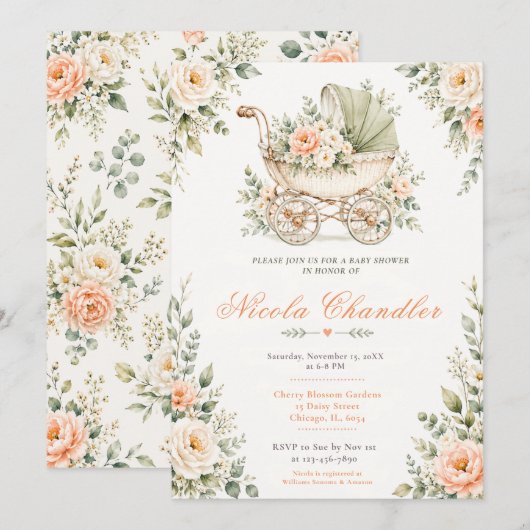Invitation Baptême de bébé au berceau fleuri (Devant / Derrière)