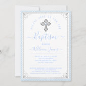 Invitation Baptême de bébé bleu argenté garçon (Devant)