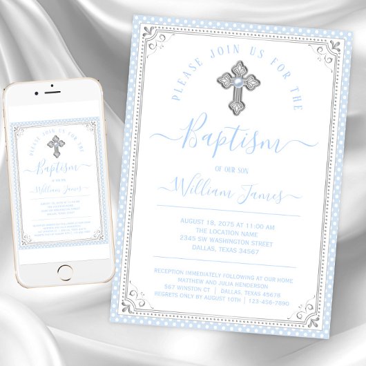 Invitation Baptême de bébé bleu argenté garçon