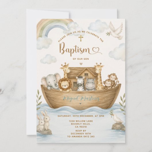 Invitation Baptême de bébé chrétien de l'Arche de Noé (Devant)