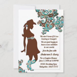 Invitation Baptême de bébé couple Cowboy Cowgirl Turquoise Ma