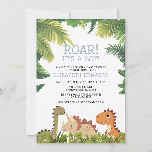 Invitation Baptême de bébé dinosaure jurassique mignon (Devant)