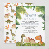 Invitation Baptême de bébé dinosaure jurassique mignon (Devant / Derrière)