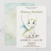 Invitation Baptême de bébé Dragon Blanc Mignon de Conte de Fé (Devant / Derrière)