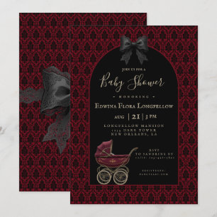 Invitation Baptême de bébé en Damassé Rouge Gothique Victorie