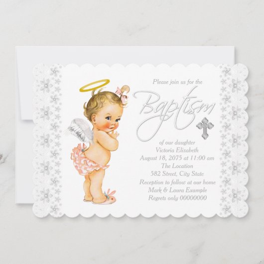 Invitation Baptême de bébé fille ange adorable (Devant)