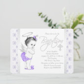 Invitation Baptême de bébé fille ange dentelle violette (Debout devant)