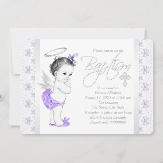 Invitation Baptême de bébé fille ange dentelle violette (Devant)