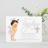 Invitation Baptême de bébé fille ange gris rose (Debout devant)