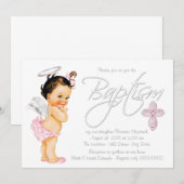 Invitation Baptême de bébé fille ange gris rose (Devant / Derrière)