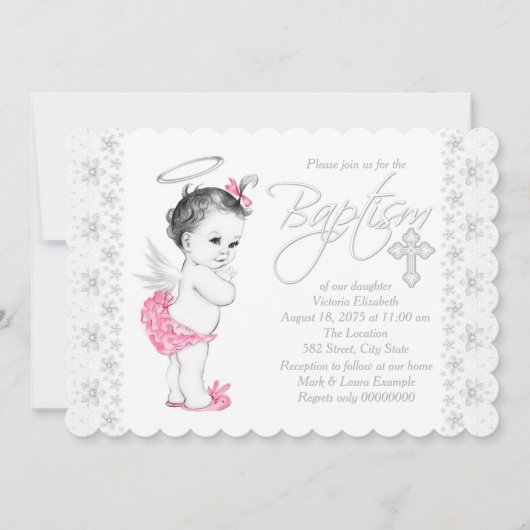 Invitation Baptême de bébé fille ange rose (Devant)
