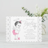 Invitation Baptême de bébé fille ange rose (Debout devant)