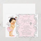Invitation Baptême de Bébé Fille Ange Rose Pale (Devant / Derrière)