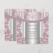 Invitation Baptême de bébé fille argent et rose (Devant / Derrière)