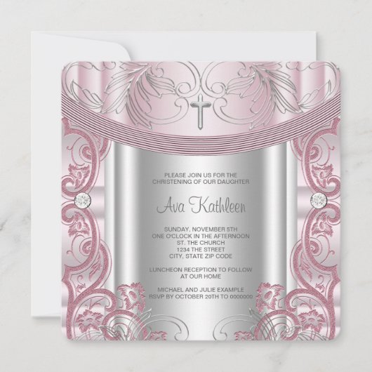 Invitation Baptême de bébé fille argent et rose (Devant)