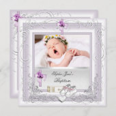 Invitation Baptême de Bébé Fille Blanc Lilas Rose (Devant / Derrière)