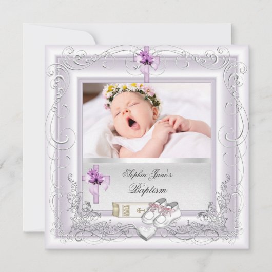Invitation Baptême de Bébé Fille Blanc Lilas Rose (Devant)