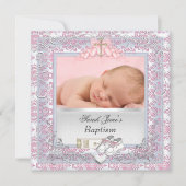 Invitation Baptême de bébé fille Blanc Rose (Devant)