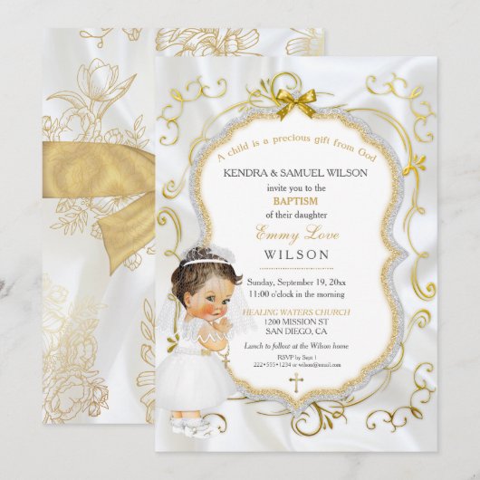 Invitation Baptême de bébé fille Communion Croix en or (Devant / Derrière)