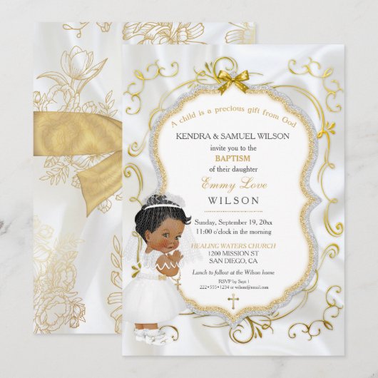 Invitation Baptême de bébé fille Communion Croix en or (Devant / Derrière)