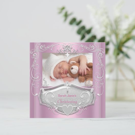 Invitation Baptême de bébé fille Croix argent rose (Debout devant)