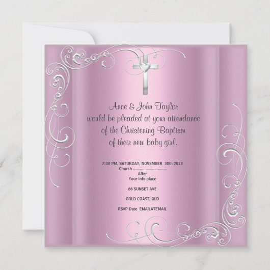 Invitation Baptême de bébé fille Croix argent rose (Dos)