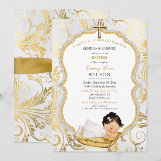 Invitation Baptême de bébé fille Croix en or (Devant / Derrière)