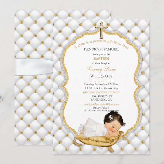 Invitation Baptême de bébé fille croix en or (Devant / Derrière)