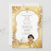 Invitation Baptême de bébé fille ethnique Croix en or (Devant)