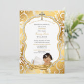 Invitation Baptême de bébé fille ethnique Croix en or (Debout devant)