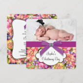 Invitation Baptême de bébé fille floral rose violet (Devant / Derrière)