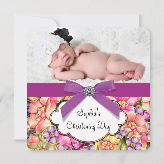Invitation Baptême de bébé fille floral rose violet (Devant)