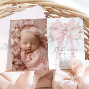 Invitation Baptême de bébé fille photo floral eucalyptus noeu
