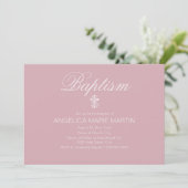 Invitation Baptême de bébé fille rose blush avec croix (Debout devant)