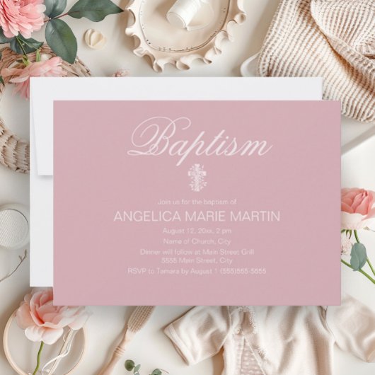 Invitation Baptême de bébé fille rose blush avec croix