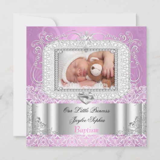 Invitation Baptême de bébé fille rose violet (Devant)